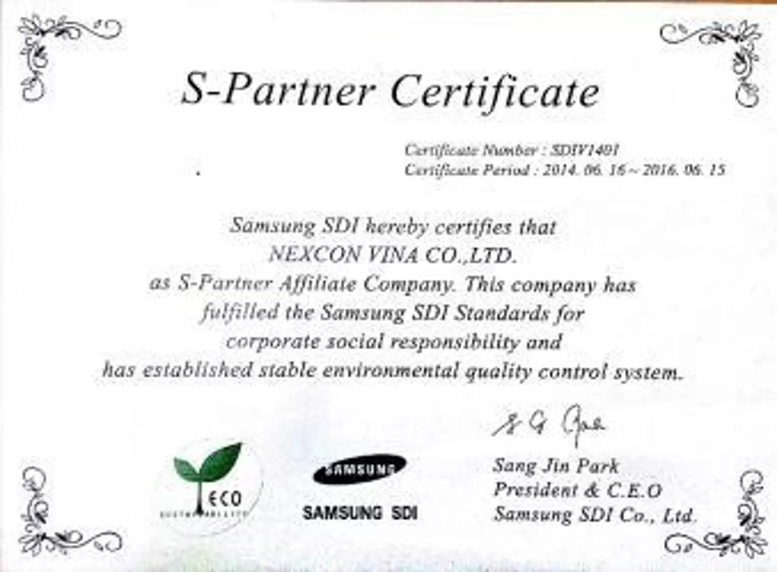 Giấy Chứng Nhận Đối Tác S – S-Partner Certificate Jun.2014 - Jun.2016